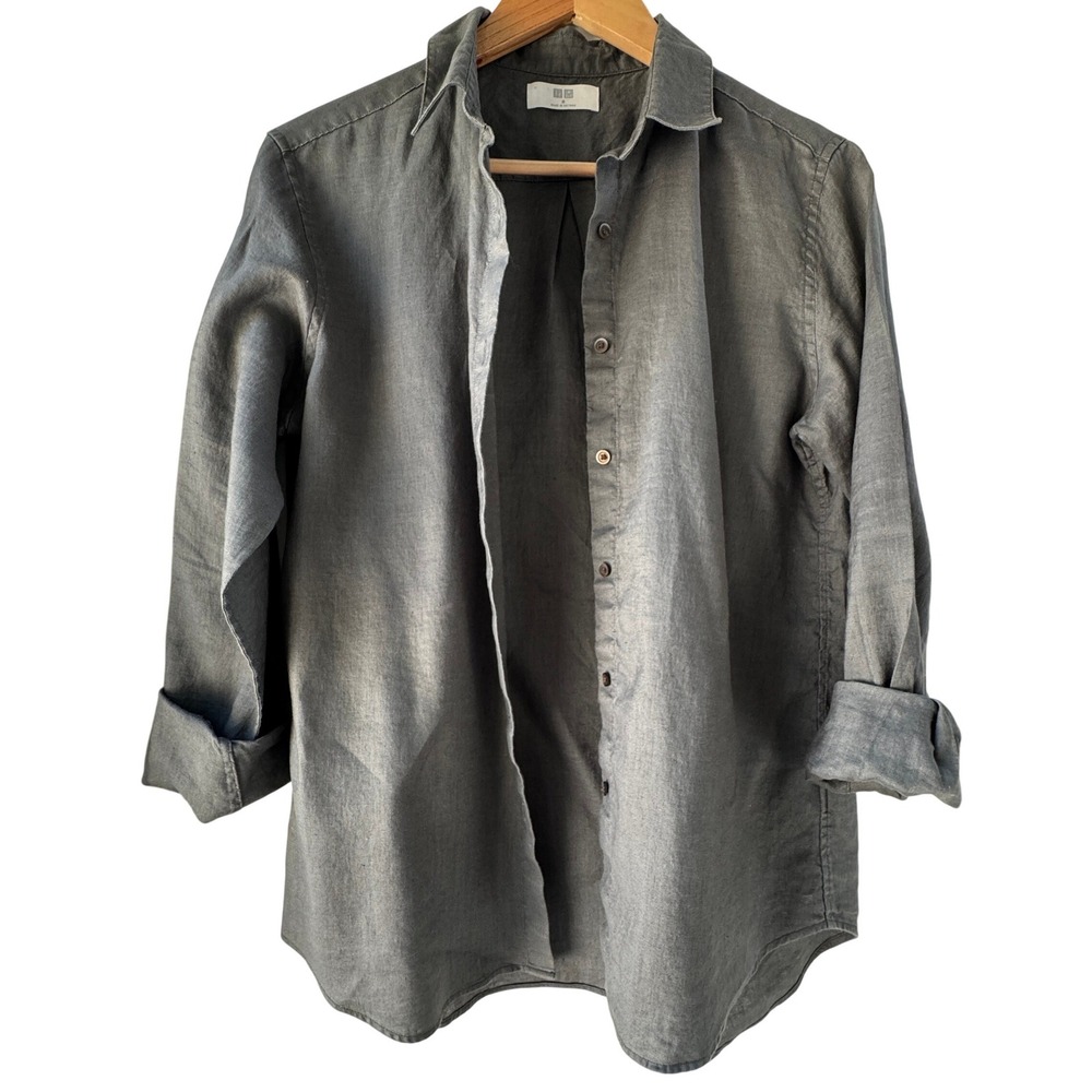 Uniqlo Womens 100% Linen Shirt M Dark Gray Premium Button Up Long Sleeve 464732